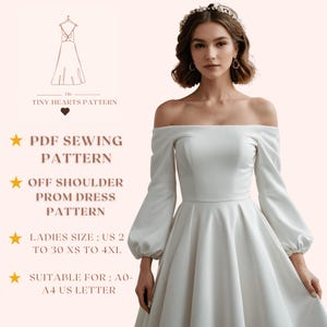 Patrón de vestido de fiesta con hombros descubiertos, patrón de costura de vestido de mujer, patrón de vestido midi, vestido de noche, patrón de costura en PDF A0 A4 Carta de EE. UU. - EE. UU. 2 a 30