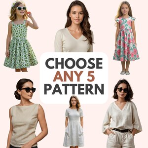 Op de afbeelding: Afbeelding met verschillende kledingstukken. Een jong meisje draagt een groene bloemenjurk. Andere items zijn een crèmekleurig shirt met lange mouwen, een witte jurk en een beige top. De tekst "CHOOSE ANY 5 PATTERN" staat in het midden.