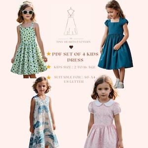 Conjunto de 4 vestidos para niños en formato PDF, paquete de patrones de verano para niños, patrón de costura de vestidos para niños, patrón de costura de vestidos para niñas, tamaño A0, A4, carta de EE. UU., talla de niña de 2 a 16 años