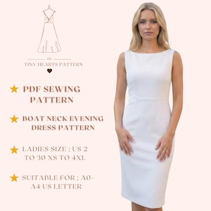 Boat Neck Evening Dress Pattern, Women Sewing Pattern, Girls Prom Dresses, Size:US2-30 | A0-A4-USLETTER |