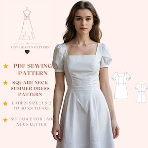 Padrão de vestido de verão com decote quadrado, padrão de costura de vestido feminino, padrão de vestido de baile, padrão de vestido de coquetel, vestido de noite A0 A4 Carta dos EUA - EUA 2 a 30