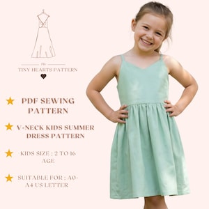 V-hals kinderzomerjurkpatroon, meisjesjurk naaipatronen, schortjurken, maat: 2-16 leeftijd | A0-A4-USBRIEF |