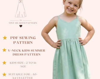 Schnittmuster für ein Sommerkleid für Kinder mit V-Ausschnitt, Mädchenkleider, Schürzenkleider, Größe: 2-16 Jahre | A0-A4-USLETTER |