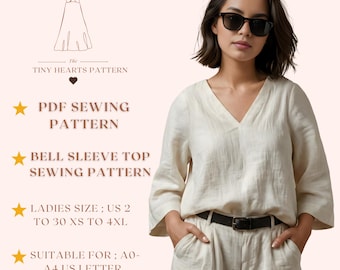 Bell Sleeve Top Sewing Pattern, Women Blouse Sewing Patterns, Girls T-Shirt, Size:US2-30 | A0-A4-USLETTER |