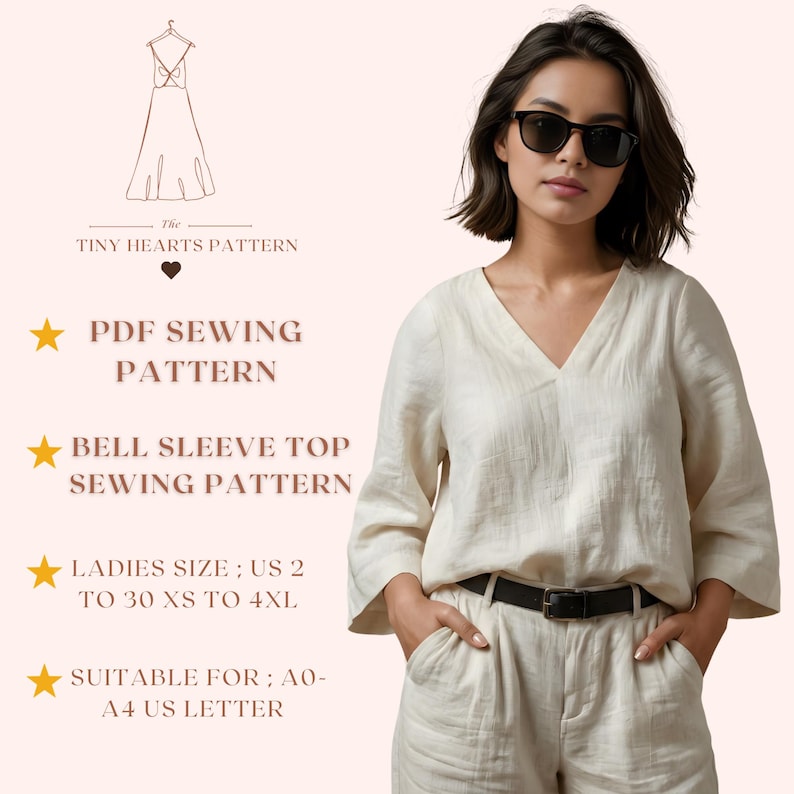 Bell Sleeve Top Sewing Pattern, Women Blouse Sewing Patterns, Girls T-Shirt, Size:US2-30 | A0-A4-USLETTER | image 1