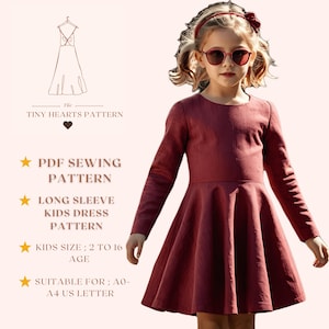 Patrón de vestido de manga larga para niños / Patrón de costura en PDF para / Patrón de costura de vestido de niña / Patrón de vestido de bebé A0 A4 Carta de EE. UU. - Talla de niña 2 a 16 años