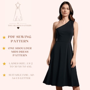 Patrón de vestido midi de un hombro, patrón de costura de vestido de fiesta, patrón de costura de vestido de fiesta, patrón de costura de vestido de mujer A0 A4 Carta de EE. UU. - EE. UU. 2 a 30