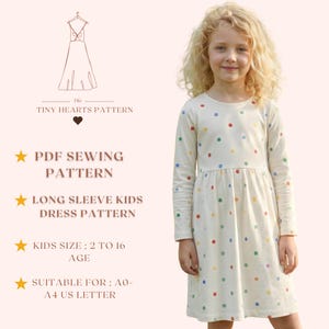 Patrón de vestido infantil de manga larga, patrones de costura para vestidos de niñas, vestidos para bebés, talla: 2-16 años / A0-A4-USLETTER / imagen 1
