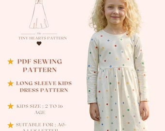 Long Sleeve Kids Dress Pattern, Girls Dress Sewing Patterns, Toddler Dresses, Size:2-16Age | A0-A4-USLETTER |