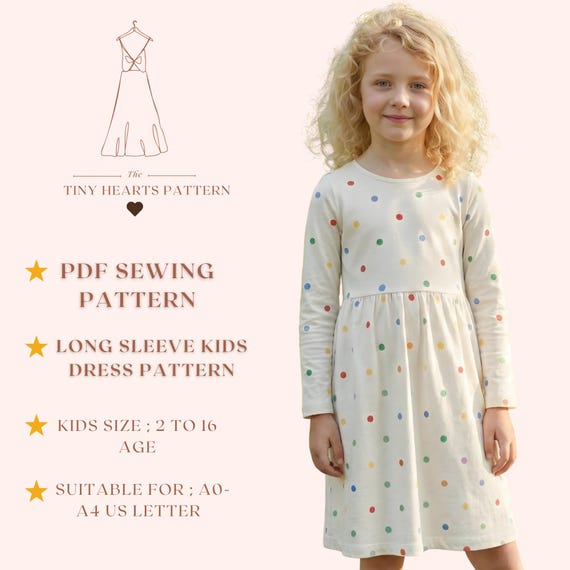 Long Sleeve Kids Dress Pattern, Girls Dress Sewing Patterns, Toddler Dresses, Size:2-16Age | A0-A4-USLETTER |
