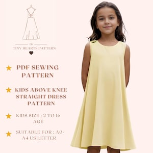 Recht jurkpatroon kinderen boven de knie, naaipatronen meisjesjurk, maat: 2-16Leeftijd | A0-A4-US BRIEF