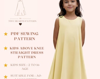Kids Above Knee Straight Dress Pattern, Girls Dress Sewing Patterns, Size:2-16Age | A0-A4-US LETTER