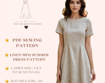 Mini-robe d'été en lin, patrons de couture de robes femme, robes d'automne, taille : US2-30 | A0-A4-USLETTER |