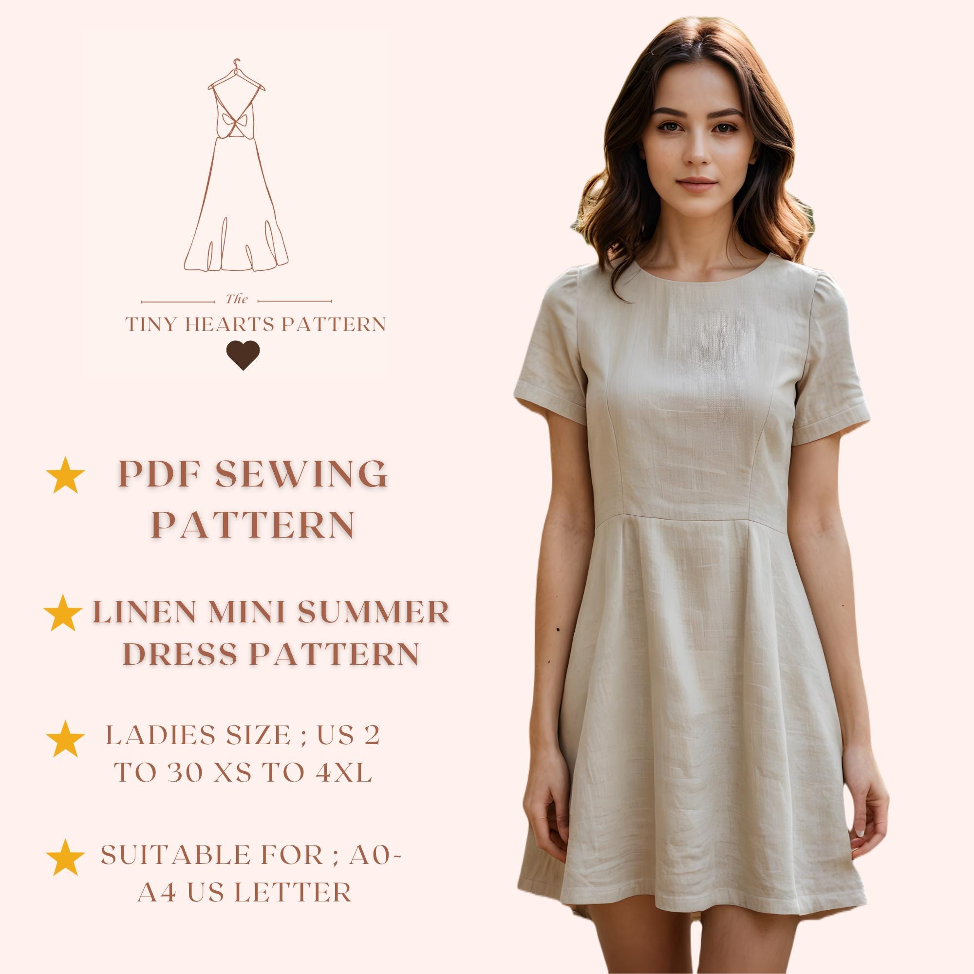 Linen Mini Summer Dress Pattern, Women Dress Sewing Patterns, Fall Dresses,  Size:US2-30 | A0-A4-USLETTER |