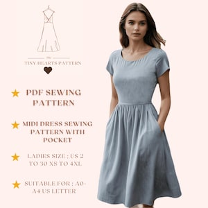 Padrão de costura de vestido midi com bolso, padrão de vestido de linho, padrão de costura em PDF, padrão de costura de vestido feminino, vestido de outono A0, A4, carta dos EUA - EUA 2 a 30