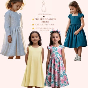 Conjunto de 4 vestidos para niños en formato PDF, paquete de patrones de verano para niños, patrón de costura de vestidos para niños, patrón de costura de vestidos para niñas, tamaño A0, A4, carta de EE. UU., talla de niña de 2 a 16 años