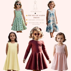Conjunto de 5 patrones de vestidos para niños en formato PDF, paquete de patrones de verano para niños, patrón de costura de vestidos para niños, patrón de costura de vestidos para niñas, tamaño A0, A4, carta de EE. UU., talla de niña de 2 a 16 años