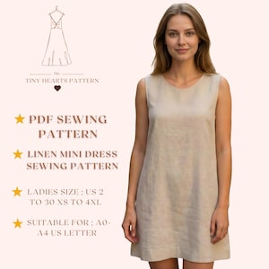 Patrón de costura para minivestido de lino, Patrones de costura para vestidos de mujer, Tallas: US2-30 PDF / A0-A4-USLETTER /