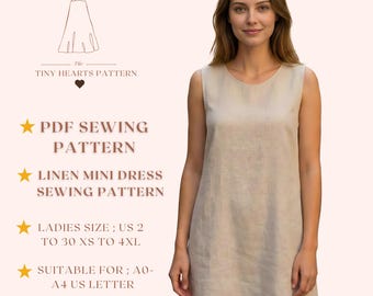 Linen Mini Dress Sewing Pattern, Women Dresses Sewing Patterns, Size:US2-30 PDF | A0-A4-USLETTER |