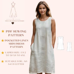 Patrón de vestido midi de lino con bolsillos, patrón de costura de vestido de mujer, patrón de vestido de verano, patrón de vestido de otoño, vestido informal A0 A4 Carta de EE. UU. - EE. UU. 2 a 30