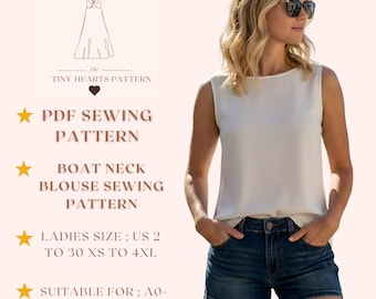 Boat Neck Blouse Sewing Pattern, Top Sewing Patterns For Women, US2-30 | PDF Digital Download