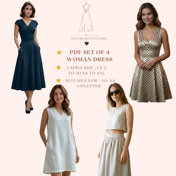 PDF Set Of 4 Woman Dress, Women Dress Sewing Patterns, Size:US2-30 |  A0-A4-USLETTER |