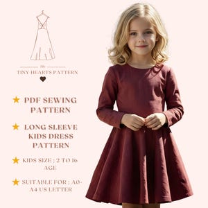 Long Sleeve Kids Dress Pattern, Girls Dress Sewing Patterns, Toddler Dresses, Size:2-16Age | A0-A4-USLETTER |