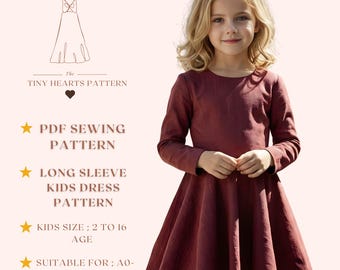 Long Sleeve Kids Dress Pattern, Girls Dress Sewing Patterns, Toddler Dresses, Size:2-16Age | A0-A4-USLETTER |