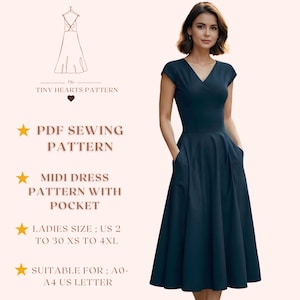 Patron de robe midi avec poche, Patrons de couture de robes femme, Robes d'automne, Taille : US2-30 | A0-A4-USLETTER |