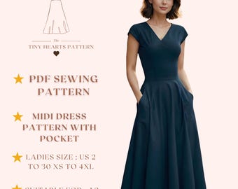Midi Dress Pattern With Pocket, Women Dress Sewing Patterns, Fall Dresses, Size:US2-30 | A0-A4-USLETTER |