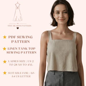 Patrón de costura para camiseta de tirantes de lino, patrones de costura para blusas de mujer, tallas: US2-28 / A0-A4-USLETTER /