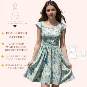 Padrão de vestido curto de primavera com cintura franzida, padrões de costura para mulheres, padrão de costura de vestido de verão, padrão de vestido de verão A0 A4 Carta dos EUA - EUA 2 a 30