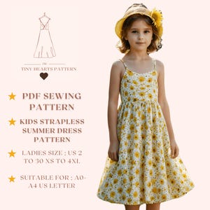 Patrón de vestido de verano sin tirantes para niños, patrón de costura en PDF para vestido de niños, patrón de costura de vestido de niñas A0 A4 Carta de EE. UU. - Talla de niña 2 a 16 años
