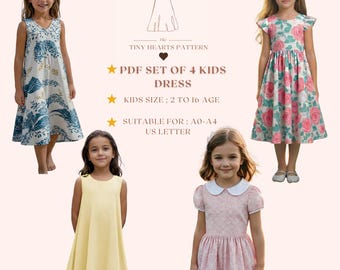 PDF Set Of 4 Kids Dress Pattern, Girls Dress Sewing Patterns, Size:2-16Age | A0-A4-USLETTER |