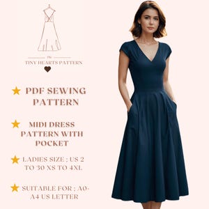 Patrón de vestido midi con bolsillo, vestido de cumpleaños, patrón de costura de vestido midi, vestido de fiesta, patrón de costura de vestido de mujer A0 A4 Carta de EE. UU. - EE. UU. 2 a 30