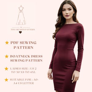 Patrón de costura de vestido de cuello barco, patrón de costura de vestido de mujer, patrón de vestido midi en PDF, vestido ajustado, patrón de vestido de fiesta A0 A4 Carta de EE. UU. - EE. UU. 2 a 30