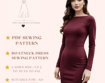 May include: A burgundy boatneck dress with long sleeves. The image also includes text that reads "PDF Sewing Pattern", "Boatneck Dress Sewing Pattern", "Ladies Size: US 2 to 30 XS to 4XL", and "Suitable for: A0-A4 US Letter".