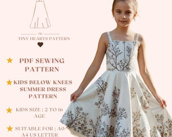 Kids Below Knees Summer Dress Pattern, Girls Dress Sewing Patterns, Size:2-16 Age | A0-A4-USLETTER |