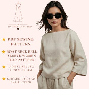 Boat Neck Bell Sleeve Women Top Pattern, Girls Blouse Sewing Pattern, Size:US2-30 | A0-A4-USLETTER |