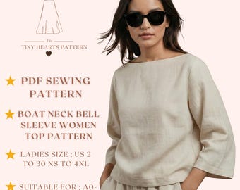 Boat Neck Bell Sleeve Women Top Pattern, Girls Blouse Sewing Pattern, Size:US2-30 | A0-A4-USLETTER |