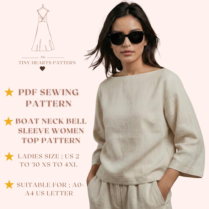 Boat Neck Bell Sleeve Women Top Pattern, Girls Blouse Sewing Pattern, Size:US2-30 | A0-A4-USLETTER | image 1