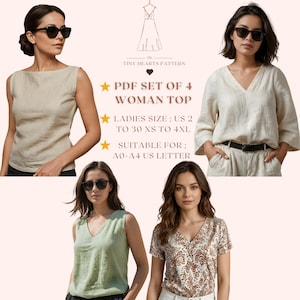 Conjunto PDF de patrones de blusas para mujer, patrones de costura para blusas de mujer, patrón de blusa, tallas: US2-30 / A0-A4-USLETTER /