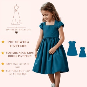 Patrón de vestido de cuello cuadrado para niños, vestido de verano para niños, patrón de costura en PDF para niños, patrón de costura de vestido de niña A0 A4 Carta de EE. UU., talla de niña 2 a 16 años