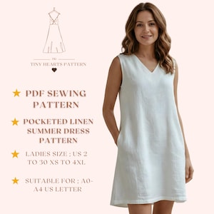 Può includere: Abito estivo in lino bianco senza maniche, con scollo a V e tasche. L'immagine contiene il testo: "PDF Sewing Pattern", "Pocketed Linen Summer Dress Pattern" e "Ladies Size; US 2 to 30 XS to 4XL." È un modello di cucito.