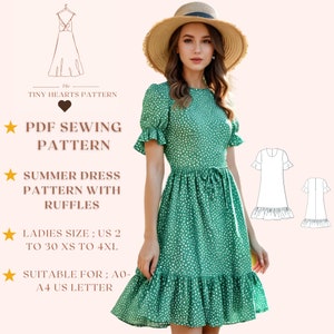 Padrão de vestido de verão com babados, padrão de costura de vestido feminino, padrão de vestido de verão, padrão de vestido de outono, vestido de primavera A0 A4 Carta dos EUA - EUA 2 a 30