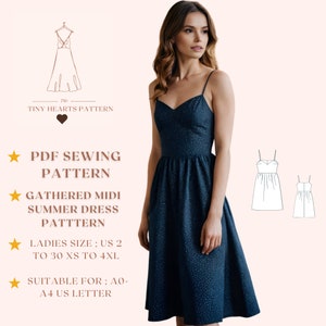 Patrón de vestido de verano midi fruncido, patrón de costura de vestido de mujer, vestido sin tirantes, patrón de costura en PDF, vestido sin mangas A0 A4 Carta de EE. UU. - EE. UU. 2 a 30