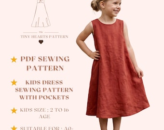 Kids Dress Sewing Pattern With Pockets, Girls Midi Dress Patterns, Size:2-16 Age | A0-A4-USLETTER |