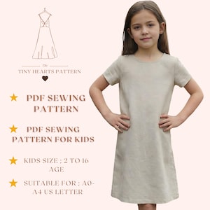 May include: A young girl wearing a light beige linen dress. The image also features text that reads "The Tiny Hearts Pattern," "PDF Sewing Pattern," "Kids Size: 2 to 16 Age," and "Suitable for A0-A4 US Letter."
