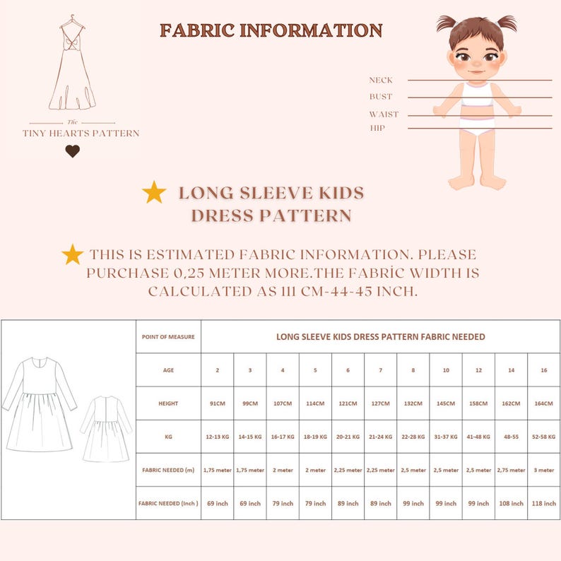 Patrón de vestido infantil de manga larga, patrones de costura para vestidos de niñas, vestidos para bebés, talla: 2-16 años / A0-A4-USLETTER / imagen 8