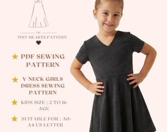 Girls V-Neck Dress Sewing Pattern, Kids Dress Patterns, Toddler Dresses, Size:2-16 Age | A0-A4-USLETTER |